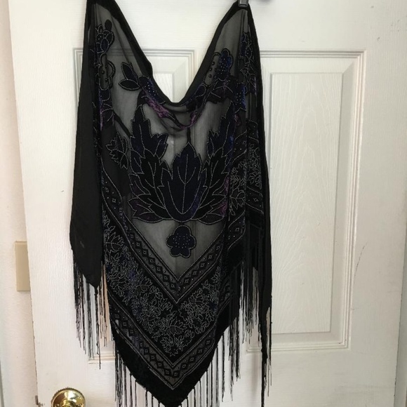 Accessories - black burnout velvet fringed shawl